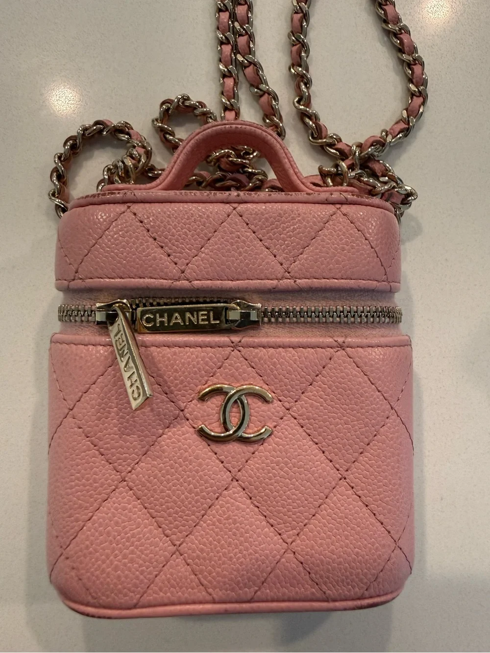 CHANEL Pink Quilted Mini Vanity Crossbody with Chain
